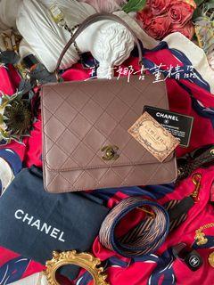 Chanel vintage 古董復古金咖啡棕色手提包/羊皮配復古金/包身超挺/藏家款/送斜背帶/全配超讚