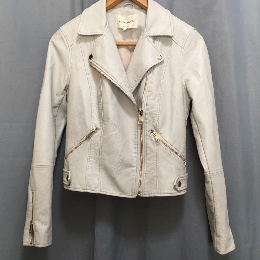 River Island Light Grey Off White Faux Leather Biker Jacket