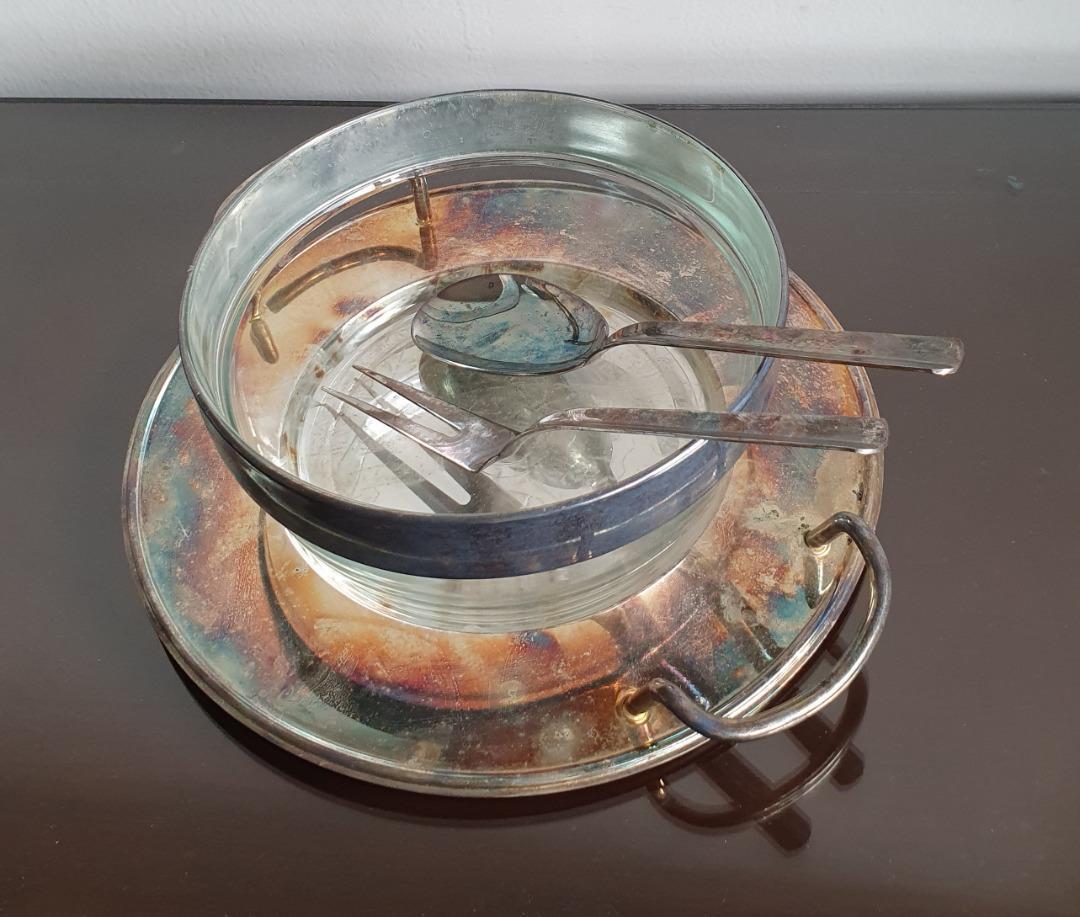 Silver Plated Soup or Salad Bowl with Large Serving Spoon & Fork (Category: Dinnerware & Cutlery) located in Manila. Submitted by cementcar (Listing ID 1182072483, Image 2). Description: Silver Plated Soup or Salad Bowl with Large Serving Spoon & Fork. New Never Used. Received this as a gift over 20 years ago, and was stored. Needs polishing and one of the handles is slightly bent, and hence the reason for the low selling price. Pay to my GCash o