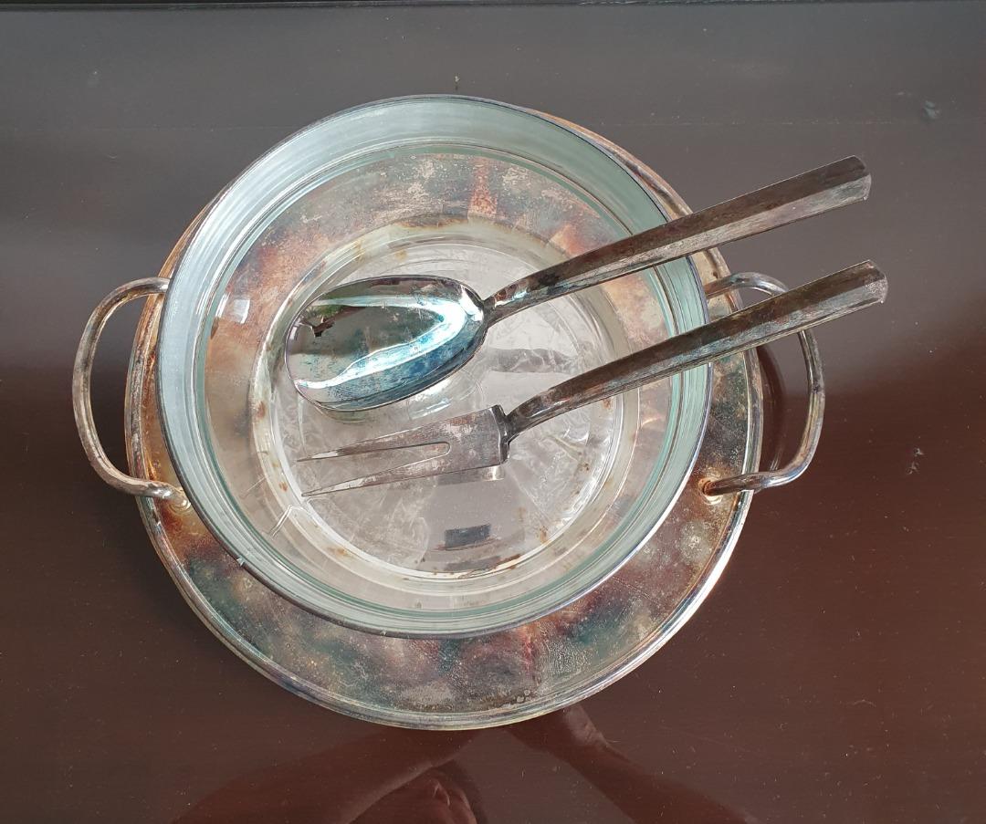 Silver Plated Soup or Salad Bowl with Large Serving Spoon & Fork (Category: Dinnerware & Cutlery) located in Manila. Submitted by cementcar (Listing ID 1182072483, Image 3). Description: Silver Plated Soup or Salad Bowl with Large Serving Spoon & Fork. New Never Used. Received this as a gift over 20 years ago, and was stored. Needs polishing and one of the handles is slightly bent, and hence the reason for the low selling price. Pay to my GCash o
