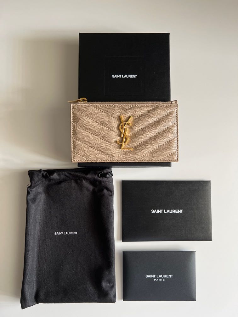 Gold YSL-plaque grained leather cardholder, Saint Laurent