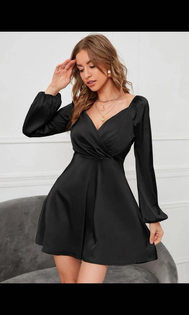 black long sleeve satin cocktail dress Women s Fashion Dresses