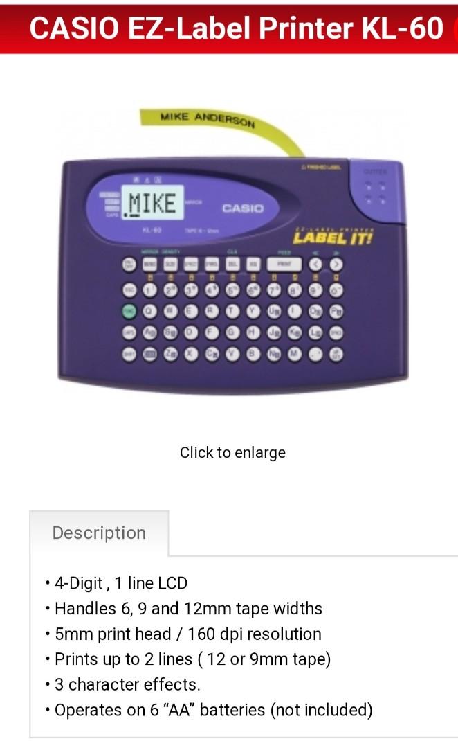 CASIO EZ Label Printer KL60 with 9mm tape included, Hobbies & Toys