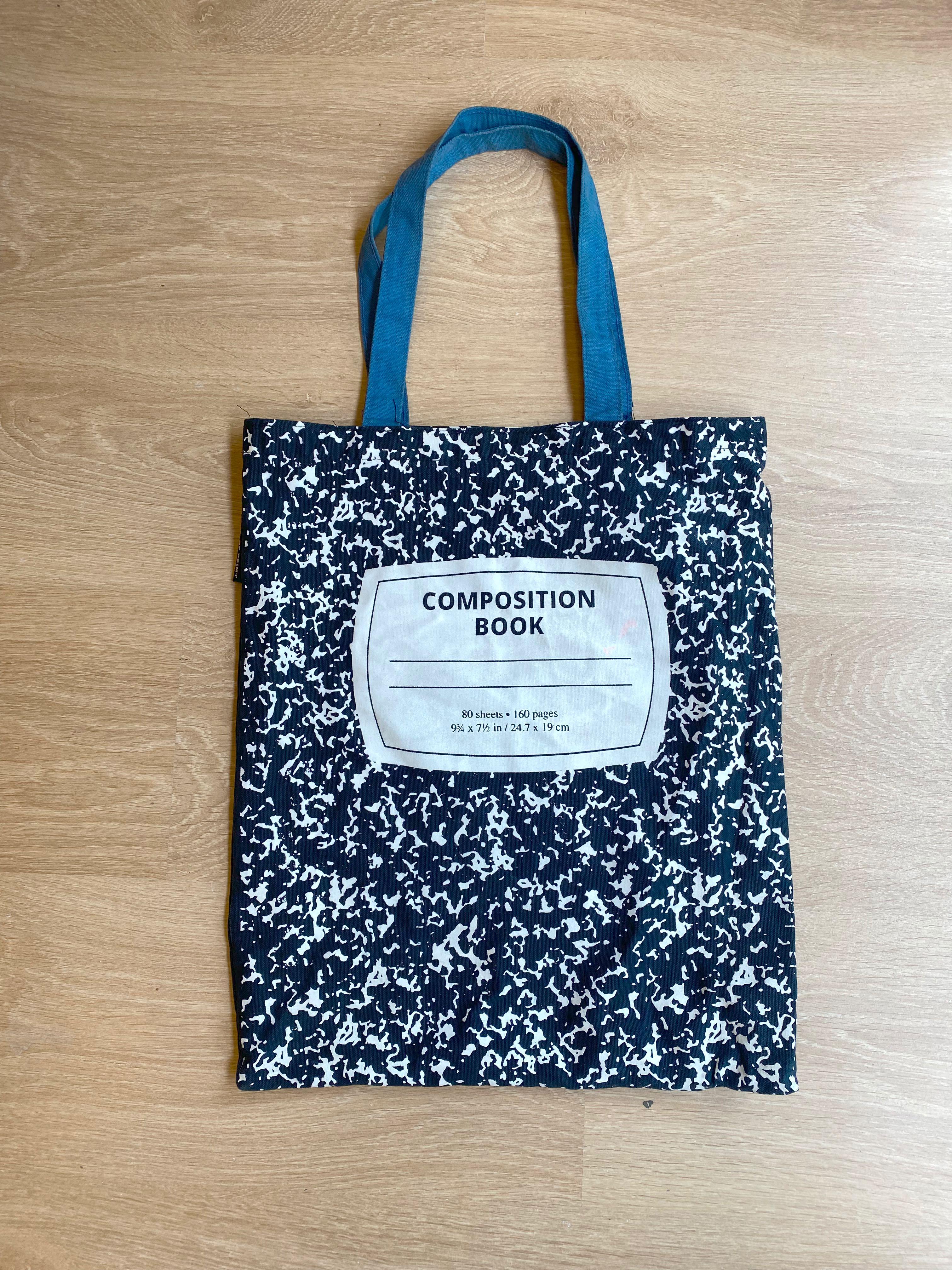 Composition Book Tote Bag (Category: Tote Bags) located in Quezon City. Submitted by odds_ends (Listing ID 1176460075, Image 1). Description: Open Top Canvas with one inner pocket (43cm x 35cm).