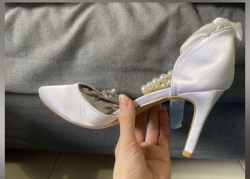 satin heels white