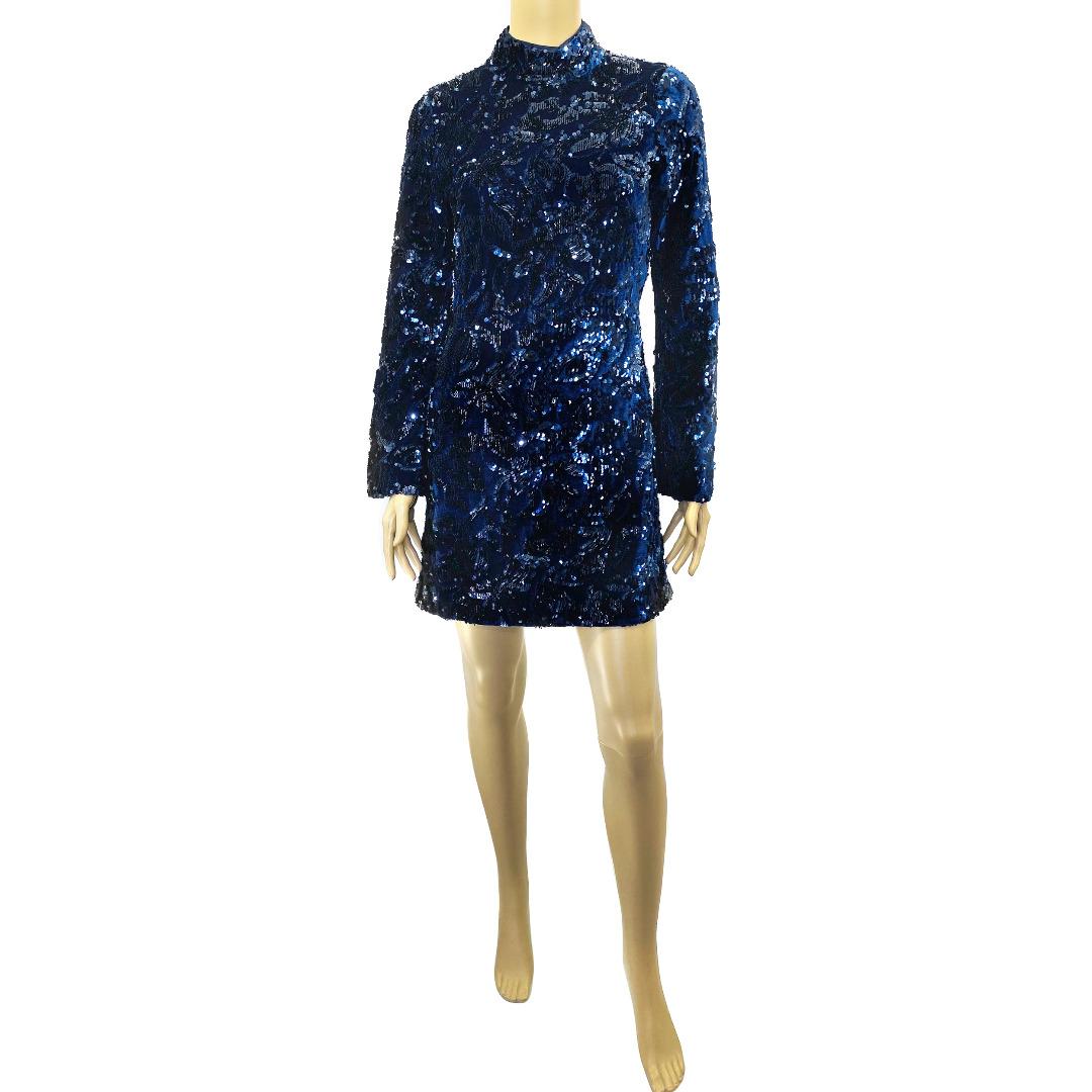 NWT Karen Millen Navy Blue Fully Sequin Velvetty Dress Women s
