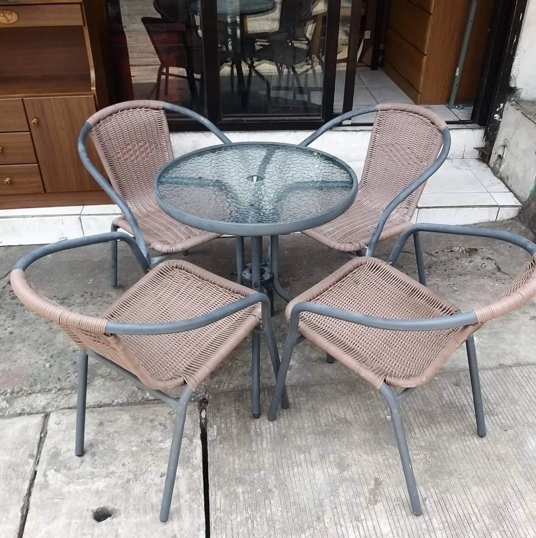 Outdoor glass table with chairs, Furniture & Home Living, Furniture, Tables & Sets on Carousell