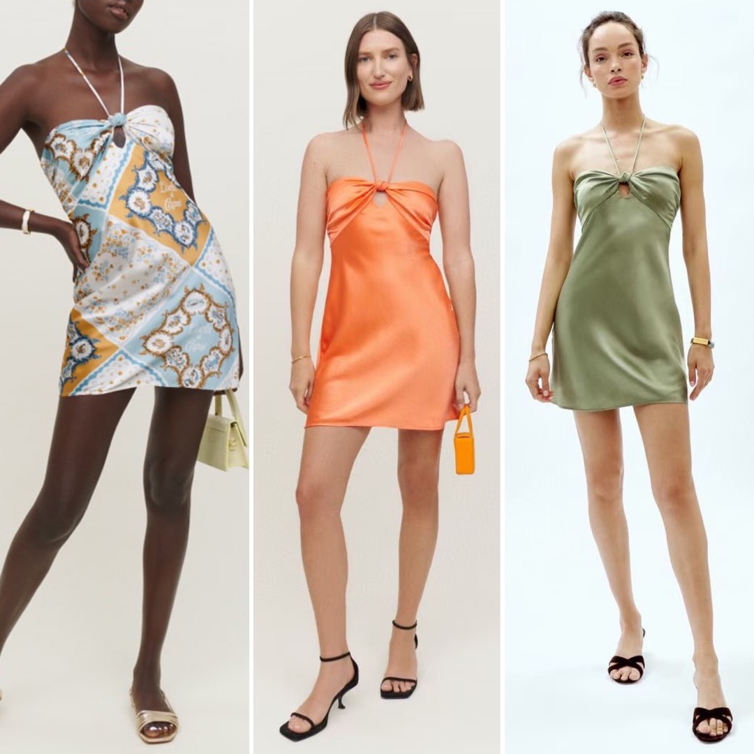reformation sorrentine silk dress REFORMATION Sorrentine Knotted Cutout Silk-Charmeuse Halterneck Mini Dress
