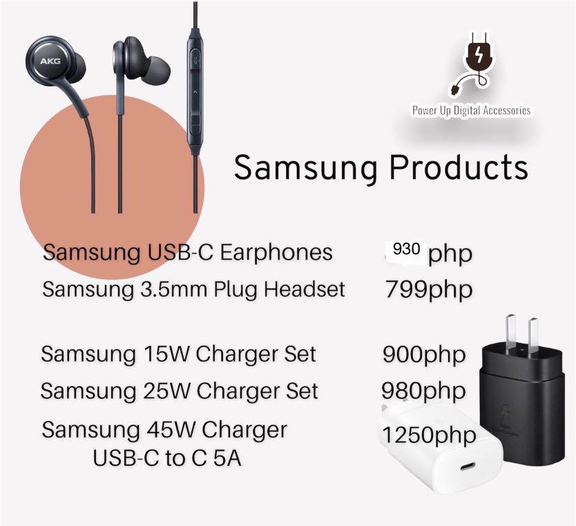 Samsung Authentic✔️45W Fast Charging Set Type C Cable USB C to C 5A S8 (Category: Chargers & Cables) located in Quezon City. Submitted by camille96 (Listing ID 1176453913, Image 2). Description: Original Apple Guaranteed ☑️ PRICE LIST Adapter •20 watts adapter-999php •18 watts adapter- 950php •12 watts adapter- 850php Cable •Usb-C to Lightning(Type C Cable)- 850php •1m cable Lightning to Usb- 790php •2m cable Lightning to Usb- 850php •Usb-C to C 