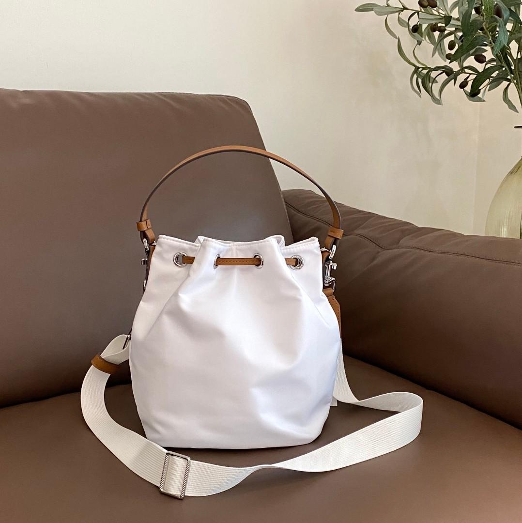 AUTH NWT $298 Tory Burch Virginia Recycled Nylon Top Handle Bucket Bag In  White