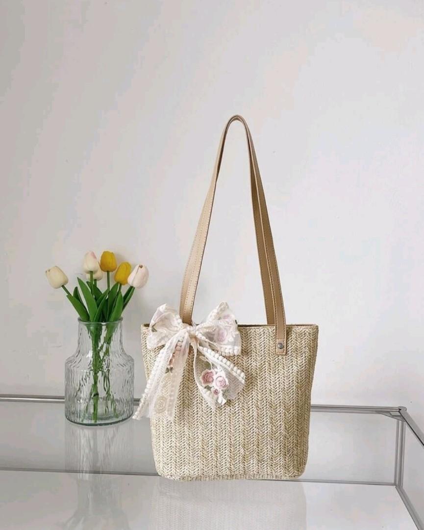 Medium Straw Bag Double Handle With Twilly Scarf Vacation Style
