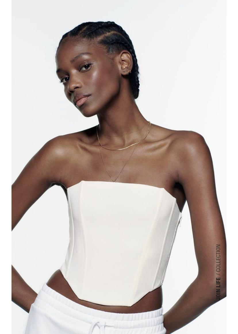 Zara Cropped Corset in Oyster White, Women's Fashion, Tops