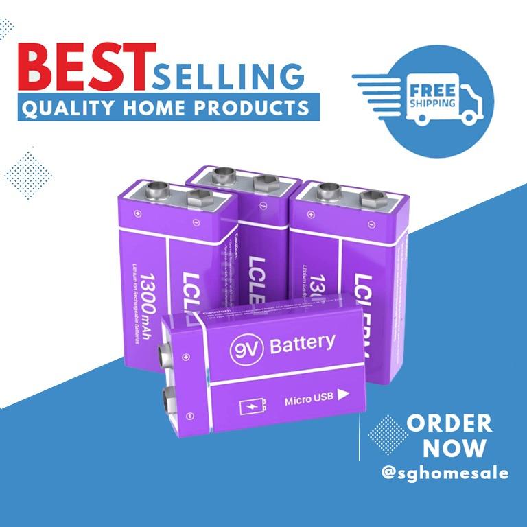 2-Pack 9V Lithium Rechargeable Batteries - 1000mAh USB Charging For Smoke Alarms & Devices