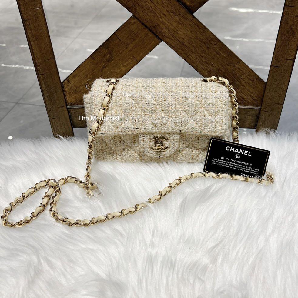 Authentic Chanel Tweed Ivory Light Beige Mini Flap Bag Gold Hardware