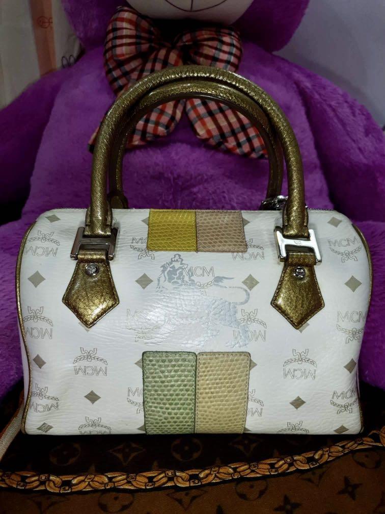 MCM White Visetos Coated Canvas and Leather Medium Princess Lion