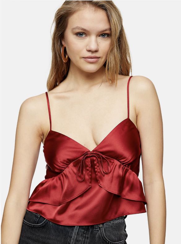 BNWT Topshop Satin Ruffle Cami in Red Women s Fashion Tops
