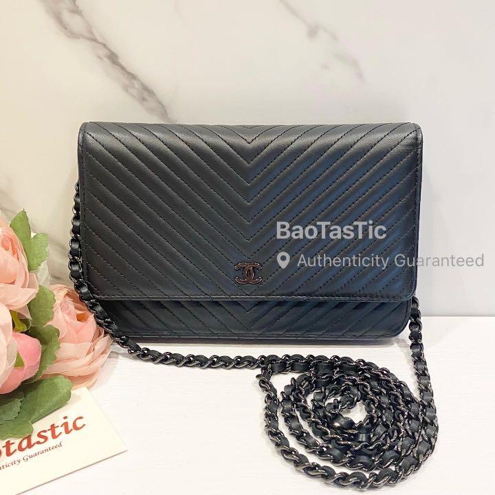 Chanel Wallet on Chain WOC So Black Chevron Lambskin, Luxury, Bags & Wallets  on Carousell