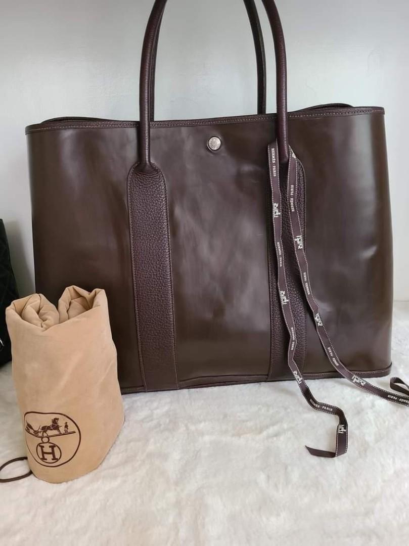 Hermes Garden Party 36MM Amazonia (Category: Luxury Bags & Wallets) located in Quezon City. Submitted by hapiyumi (Listing ID 1176395315, Image 1). Description: Brown Amazonia Leather w/ skipper leather details Palladium Hardware Letter Stamp E Dimensions 14"x 10" x6.5" Handle drop 8" Comes with dustbag.