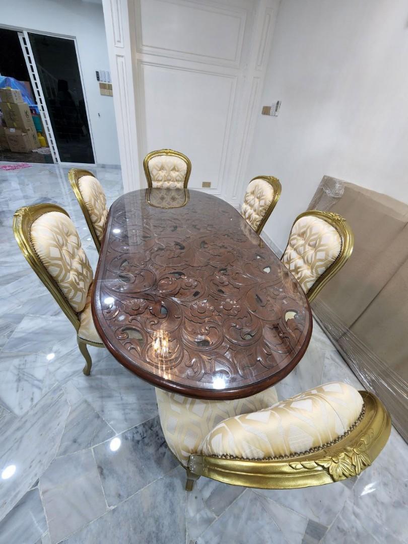 Kayu Jati Dining Table with Glass Top for 6 Seater, Furniture & Home