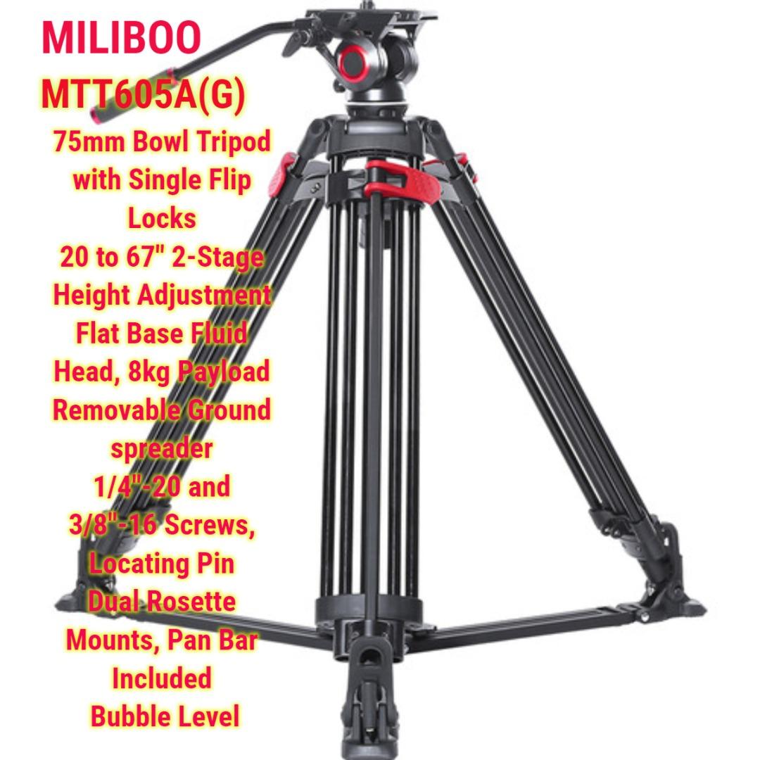 miliboo MTT605A(G) Aluminum Video Tripod Kit with Ground Spreader (Category: Tripods & Monopods) located in Cheras. Submitted by snapstudiokl (Listing ID 1176699089, Image 1). Description: Ready Stock Ship Out From Kuala Lumpur Price negotiable Key Features 75mm Bowl Tripod with Single Flip Locks 20 to 67″ 2-Stage Height Adjustment Flat Base Fluid Head, 8kg Payload Ground spreader 1/4″-20 and 3/8″-16 Screws, Locating Pin Dual Rosette Mounts, Pan 