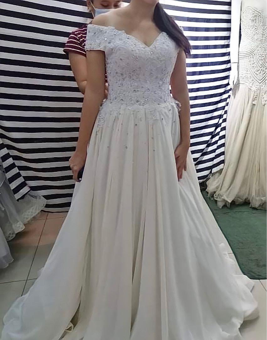 Off Shoulder Church Wedding Dress Gown Cream with White Laces