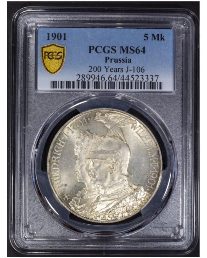 1901德國5馬克( 普魯士王國成立200週年)，已評PCGS MS-64 , 評級幣一切以評級公司為準則, 興趣及遊戲, 收藏品及紀念品, 錢幣-  Carousell