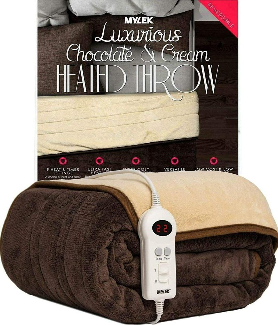 3311) MYLEK Electric Heated Throw / Over Blanket in Chocolate u0026 Cream - 9  Heat u0026 Timer Settings -
