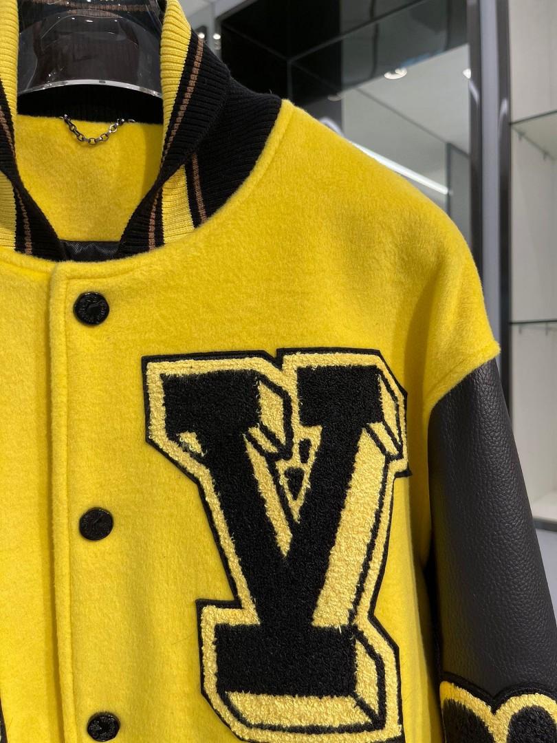 Authentic lV Embroidered Leather Baseball Jacket Black and Yellow