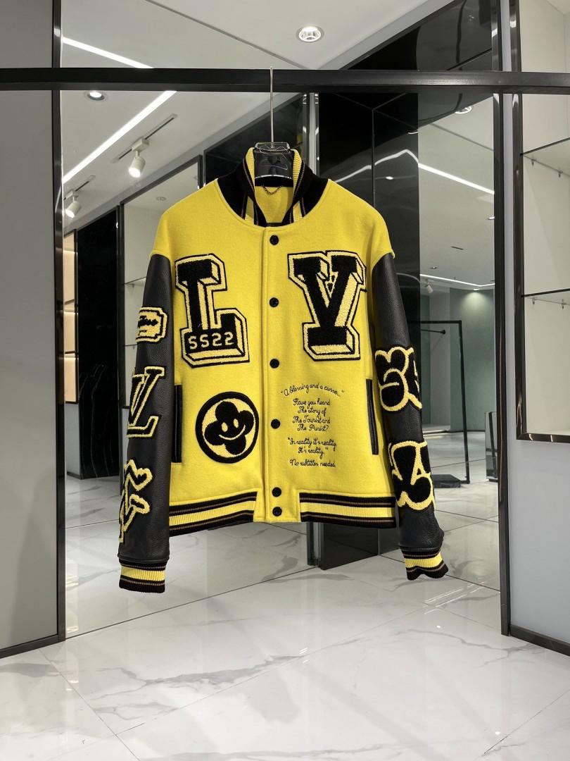 Authentic lV Embroidered Leather Baseball Jacket Black and Yellow, Luxury,  Apparel on Carousell