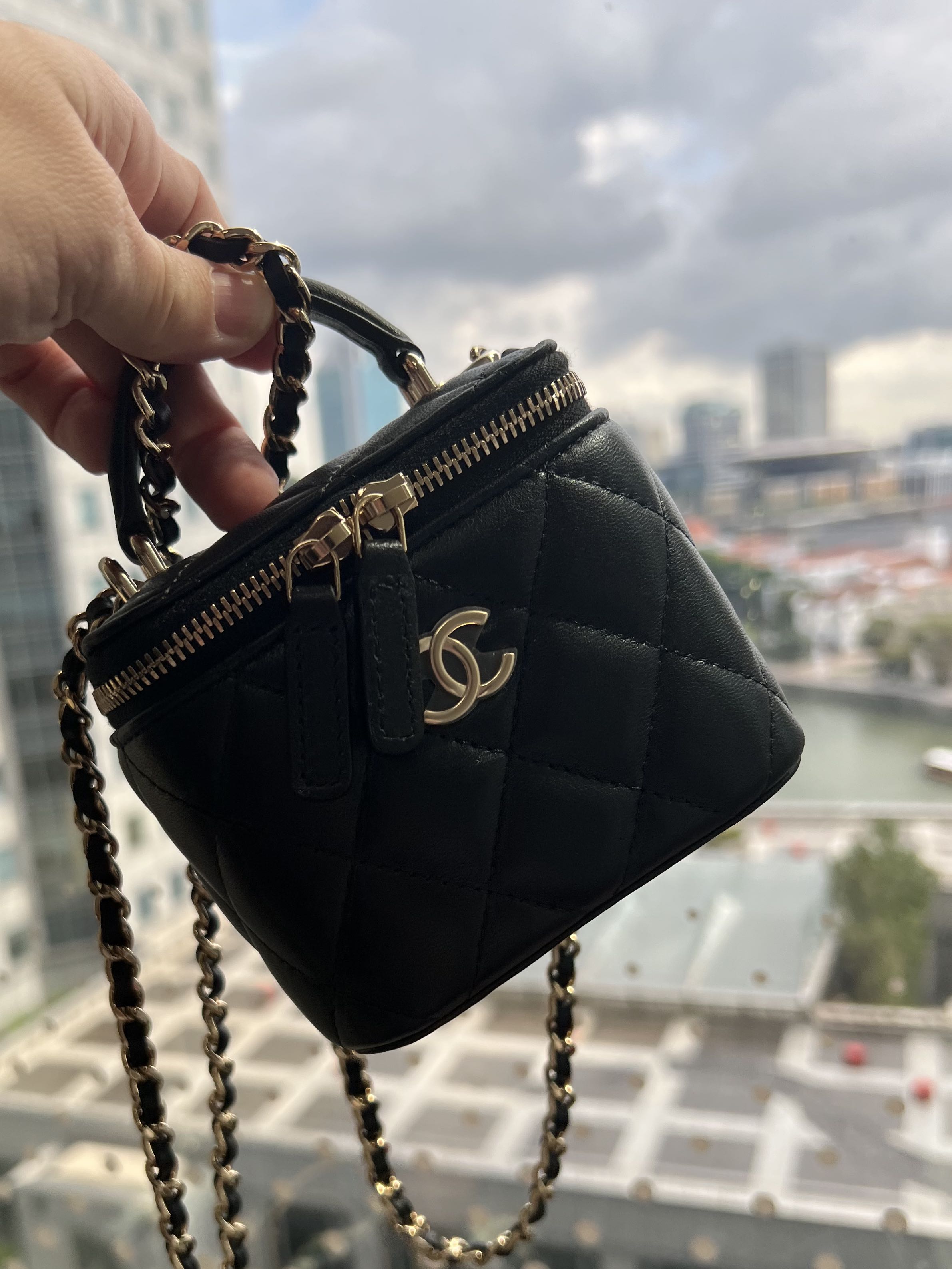 Chanel Round Vanity Case With Chain Lambskin Black LGHW