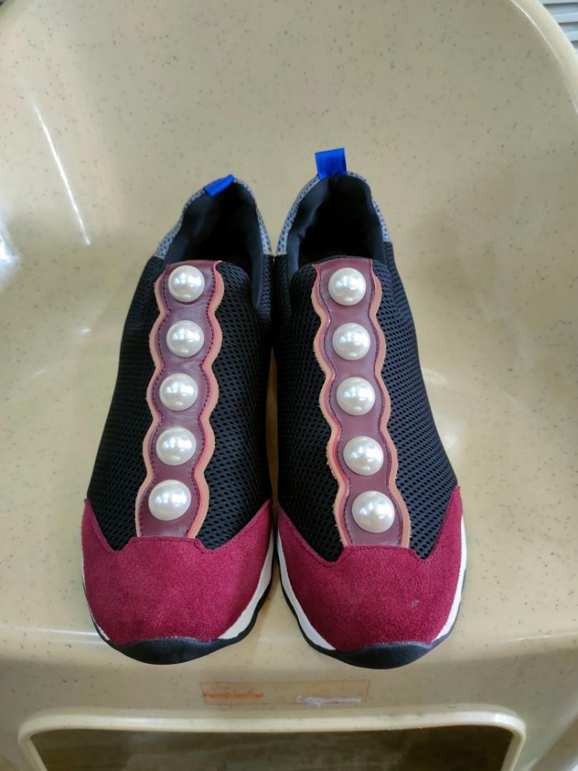 FENDI Black Burgundy Mesh Pearl Studded Slip On Sneakers Men s Fashion Footwear Sneakers on Carousell