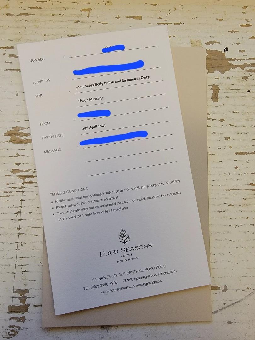 Four Seasons 四季酒店spa coupon, 門票＆禮券, 活動門票- Carousell