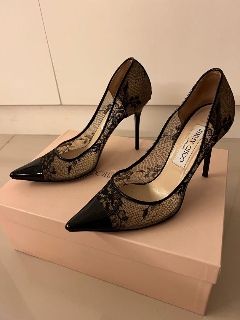 Jimmy Choo Heels Size 36 Black Lace & Patent, 女裝, 鞋, 高跟鞋