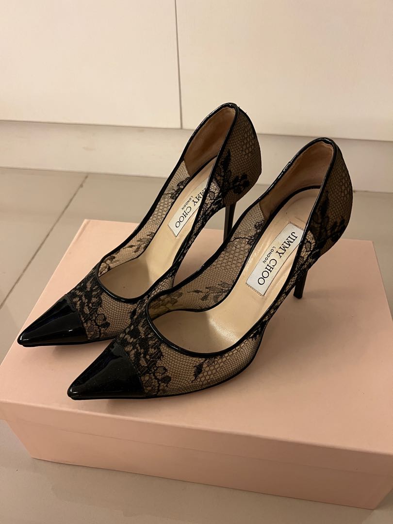 Jimmy Choo Heels Size 36 Black Lace & Patent, 女裝, 鞋, 高跟鞋