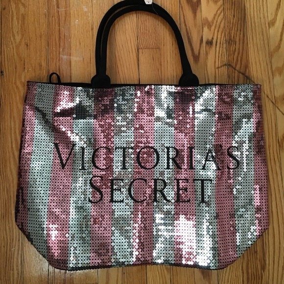 Victoria's Secret Pink Striped Sequin Tote Bag