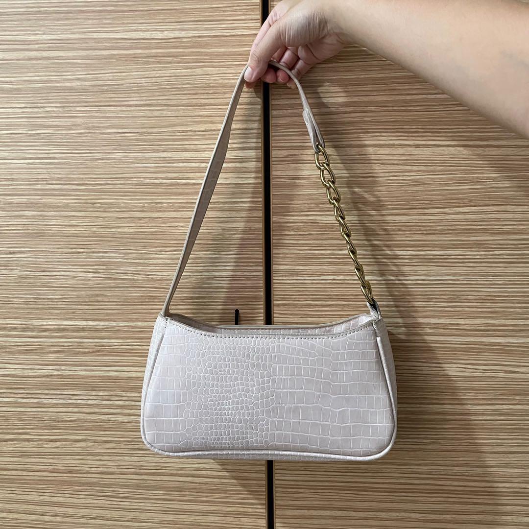 Nude Pink Beige Baguette Bag Shoulder Bag with Gold Chain