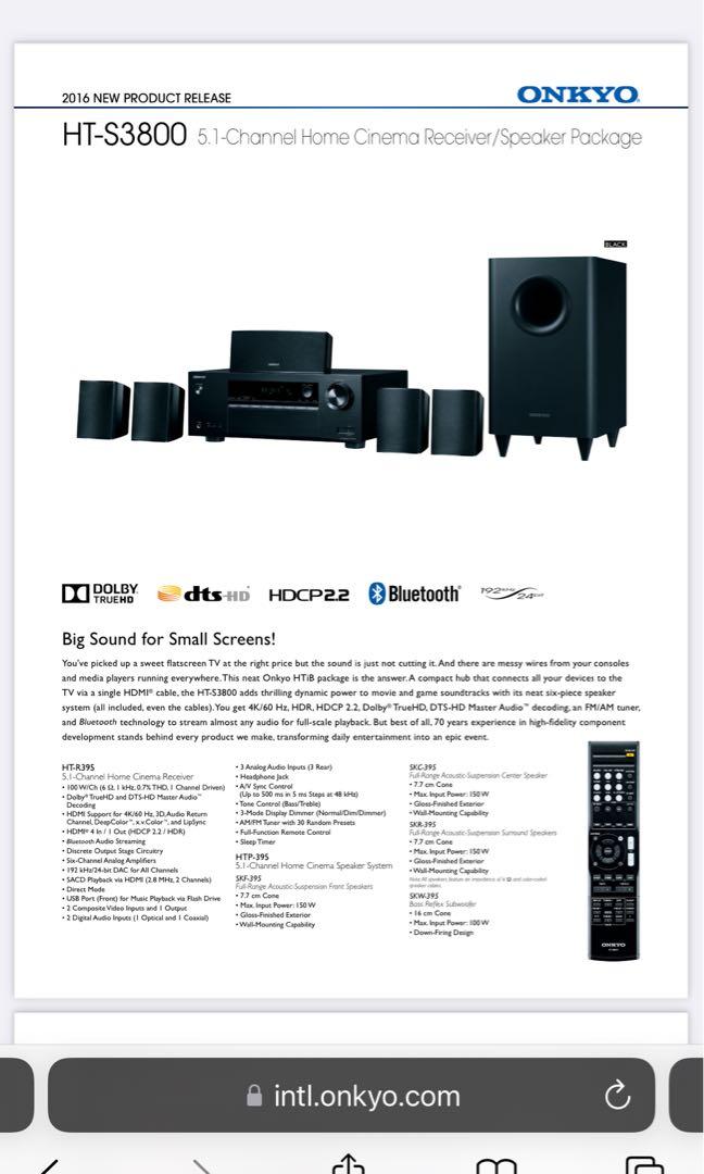 Onkyo Home Theatre System 5.1 HTS3800/HTR395, Audio, Soundbars