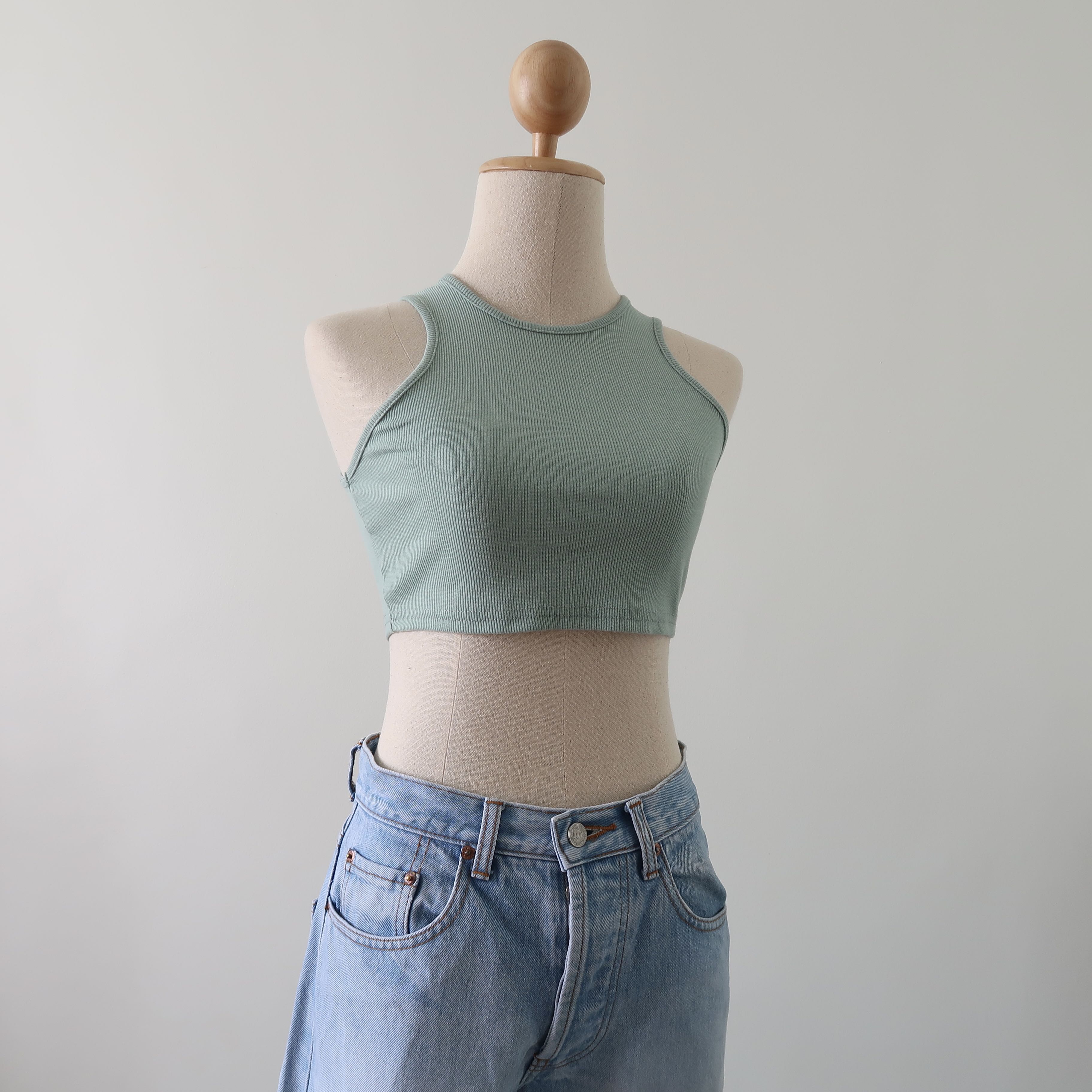 Shein Basic Ribbed Green Tank Crop Top, Women's Fashion, Tops