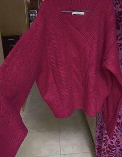 Sweater rajut knit kepang crop oversize vneck magenta