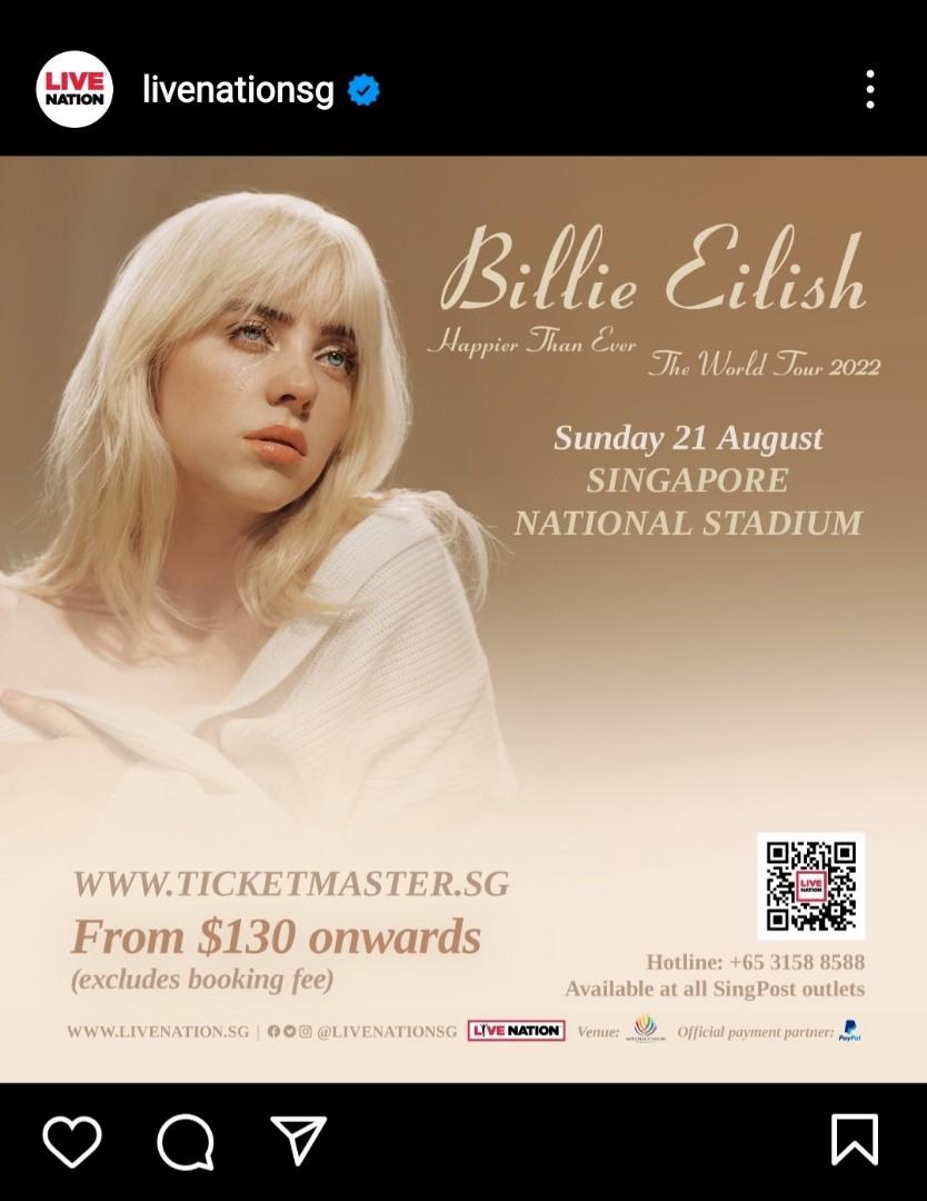 Billie Eilish Singapore 21 August 8pm concert standing tickets, Tickets