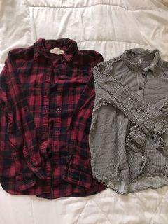 [BUNDLE] H&M Plaid Red Blue Buttondown Collared Shirt & FB Sister Stripes Black and White Ribbon Sleeves Button Up Polo Longsleeve | Take All Y2K Vintage Softcore School Girl Dark Academia (Grunge, Alt, Goth, Cottagecore, Coquette) Aesthetic Set