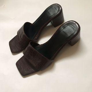 Dark brown croc leather block heels