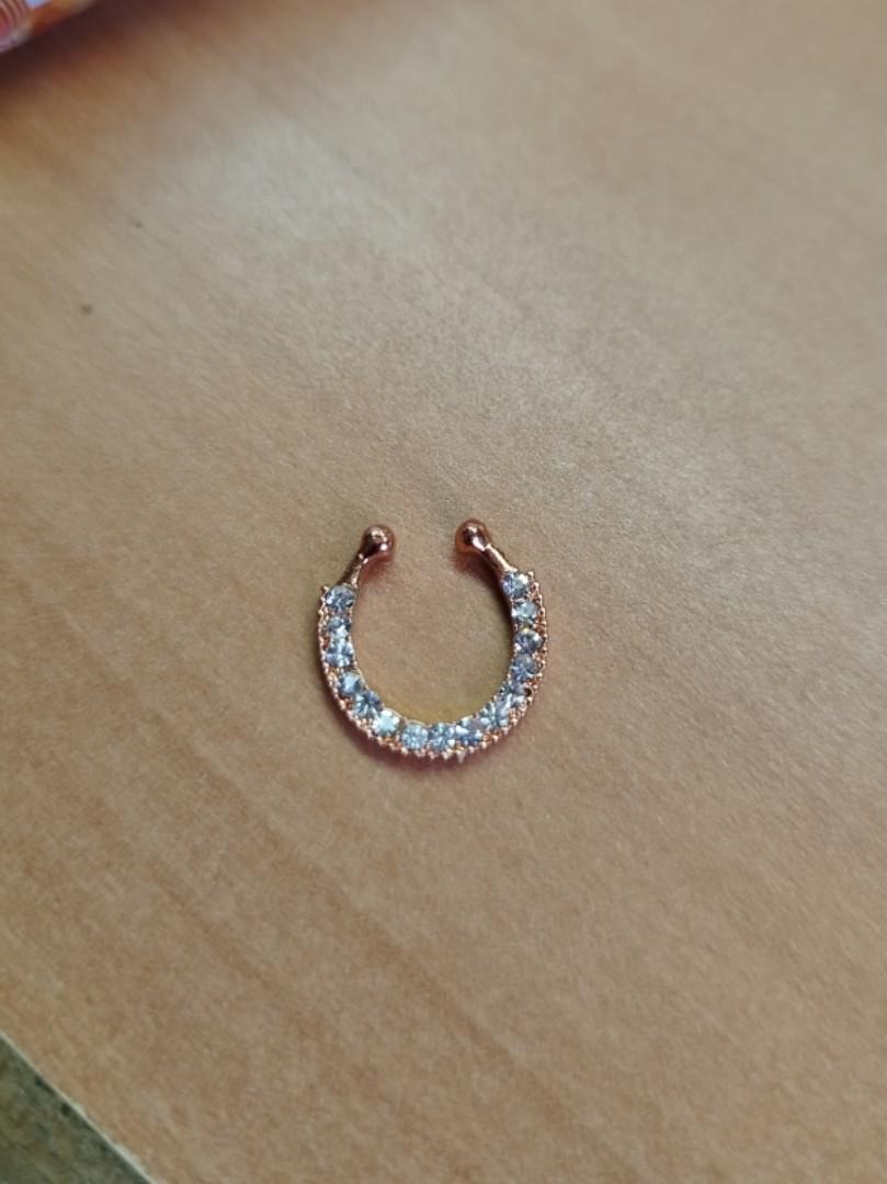 Fake septum nose ring gold rose with white diamond Women s