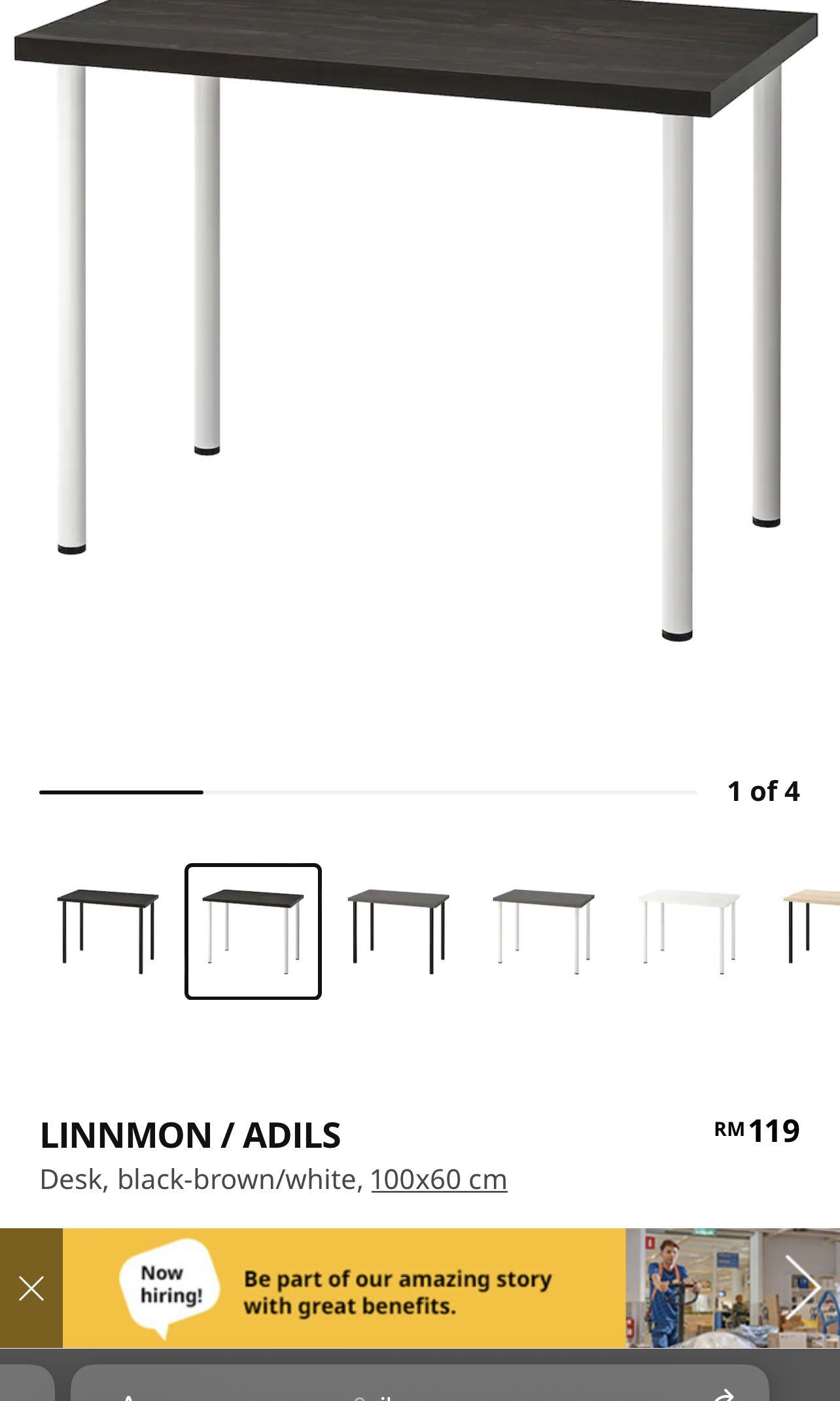 IKEA STUDY TABLE Linnmon + Adils 100cm x 60cm, Furniture & Home Living