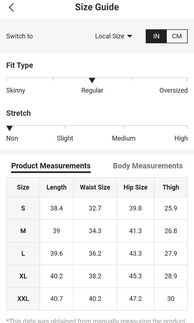 Shein pants clearance size chart