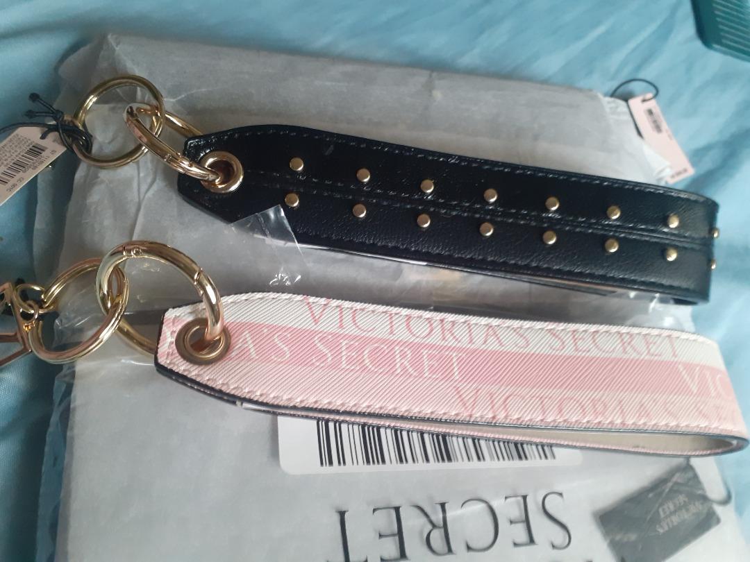 Victoria's Secret VS Logo Pink Signature Stripe wristlet strap keychain New  