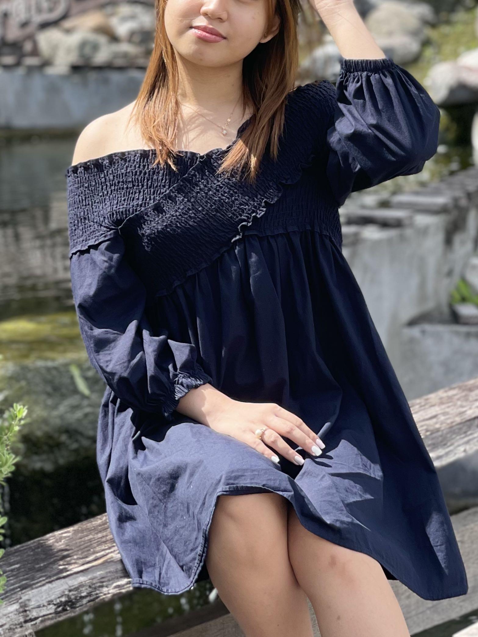 ZARA Navy Blue Smocked Off Shoulder Dress
