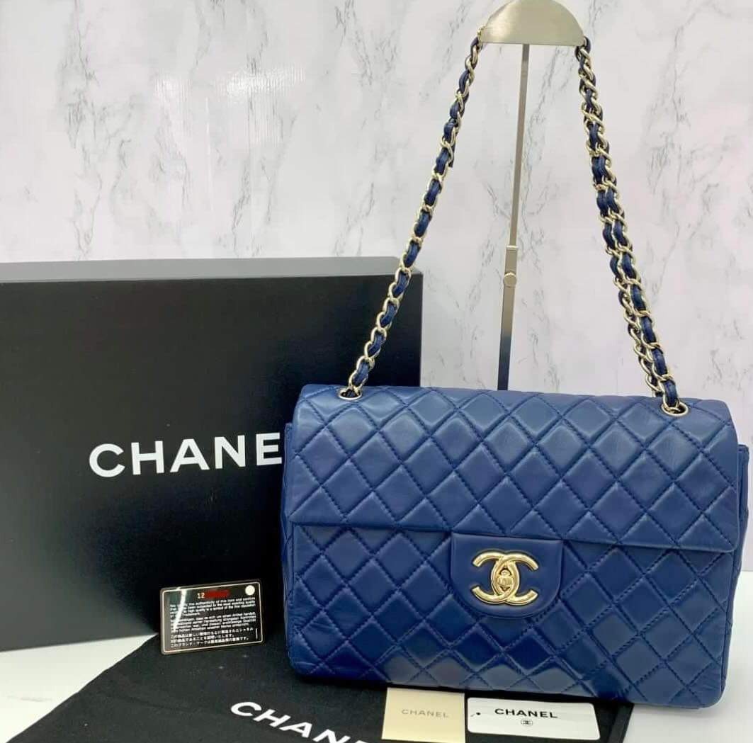 100% Authentic Chanel Jumbo XL Single Flap Egyptian Blue GHW Series ...