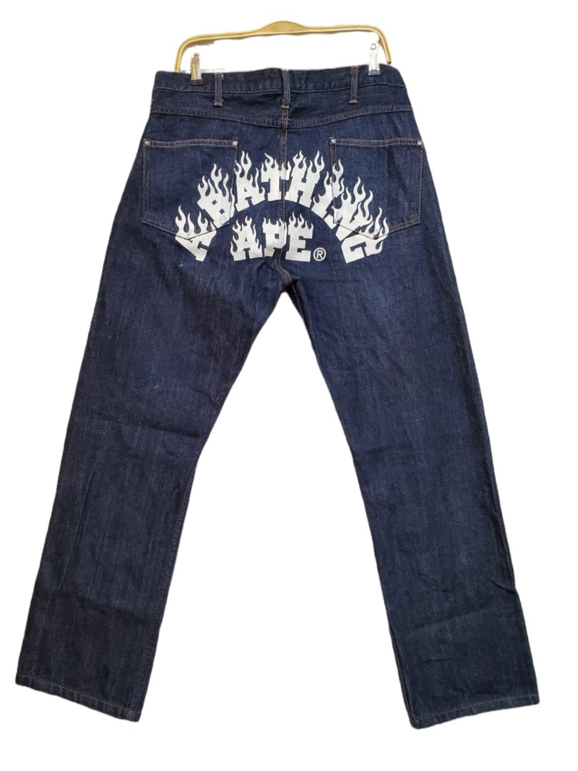 A BATHING APE BAPE Classics Flame Fire Design Denim Jeans Pants