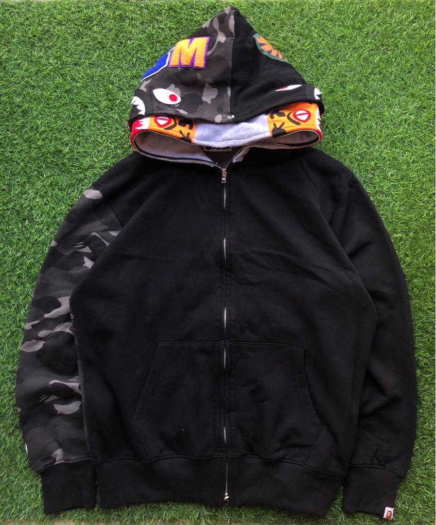 Color camo tiger shark cheap full zip double hoodie